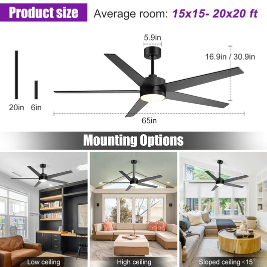 Beil 52/65 inch Large Modern Ceiling Fan with Light Kit and Remote Control, 3 LED Colors, 6 Speed Noiseless DC Motor, 5 Plywood Blades, for Indoor/Covered Outdoor Use