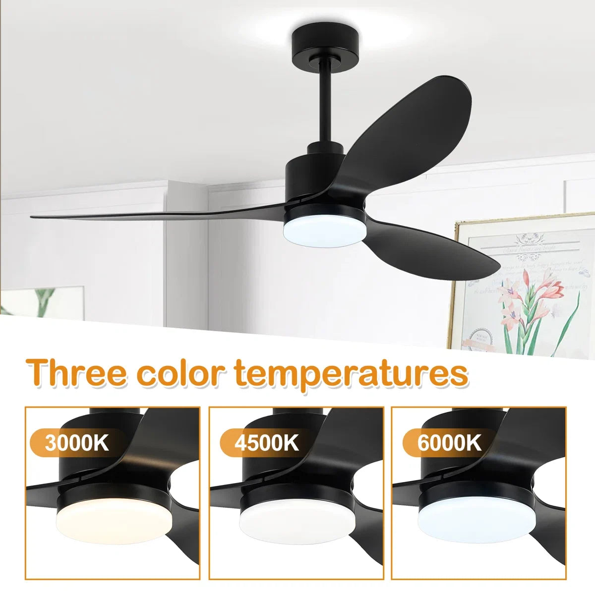 Loritta 52'' 3 - Blade Large Indooor Ceiling Fan With Light Kit and Remote, 3 LED Colors, 6 Speed Noiseless DC Motor, Timer