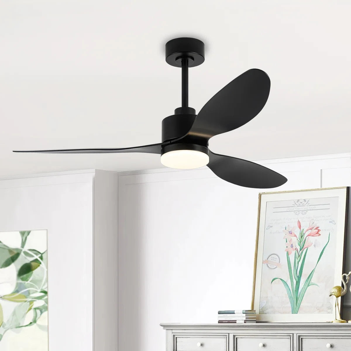 Loritta 52'' 3 - Blade Large Indooor Ceiling Fan With Light Kit and Remote, 3 LED Colors, 6 Speed Noiseless DC Motor, Timer