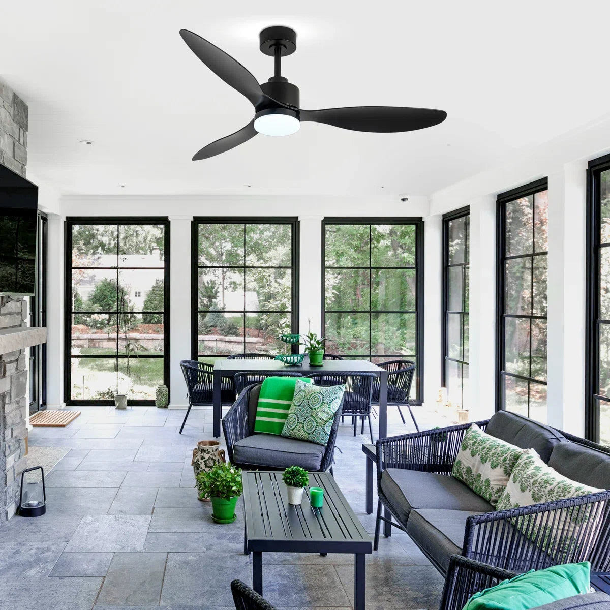 Loritta 52'' 3 - Blade Large Indooor Ceiling Fan With Light Kit and Remote, 3 LED Colors, 6 Speed Noiseless DC Motor, Timer