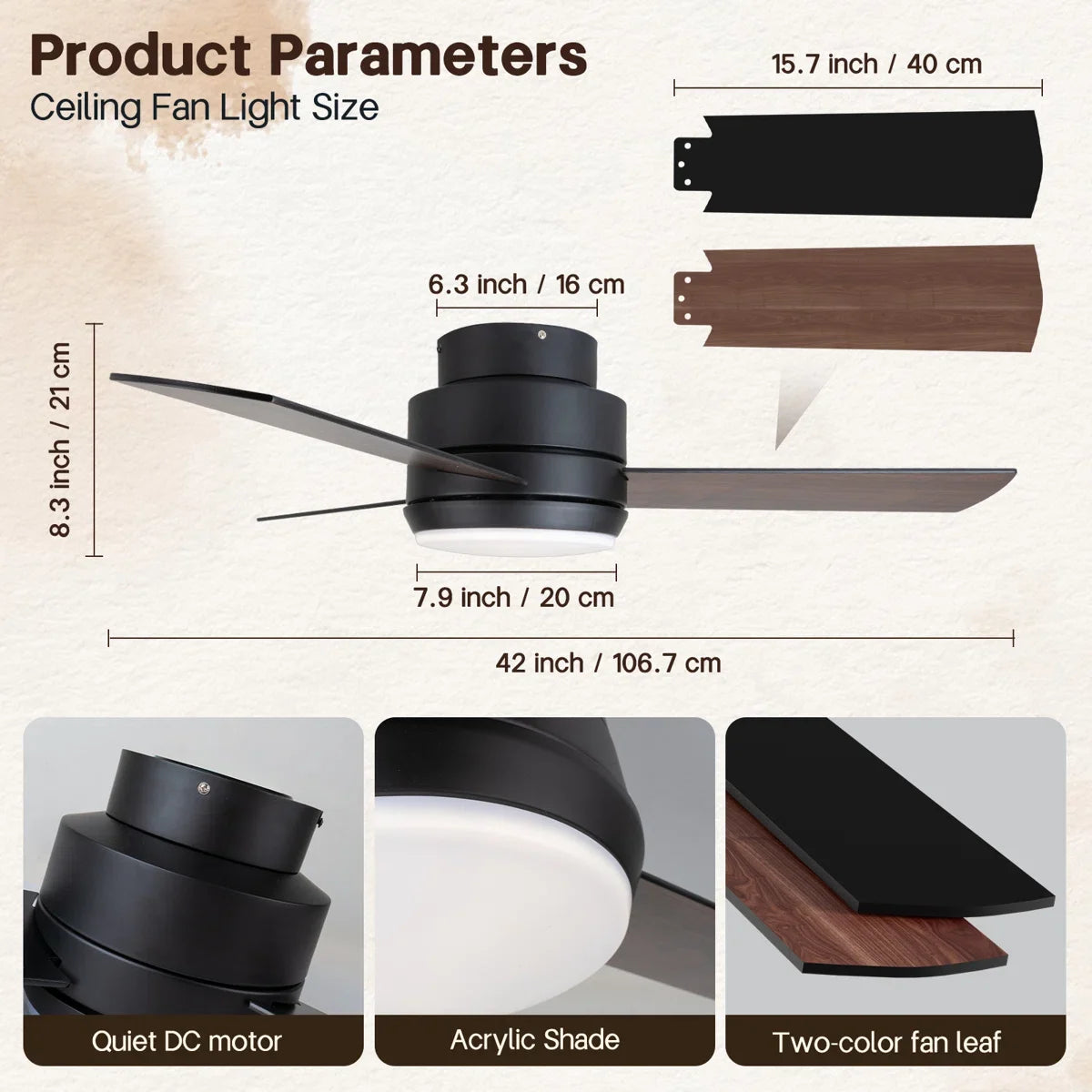 Arielmarie 42'' 3 - Blade Large Indooor Ceiling Fan With Light Kit and Remote, 3 LED Colors, 6 Speed Noiseless DC Motor, Timer