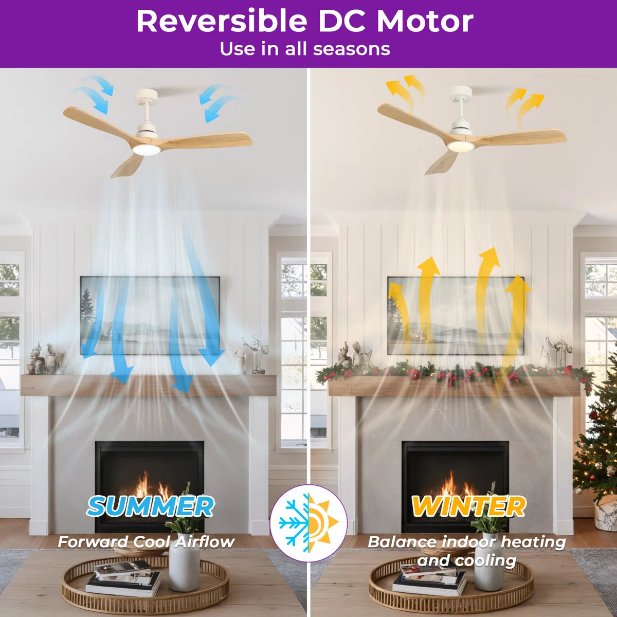 Karlena 52'' Modern Farmhouse Dimmable Ceiling Fan with LED Lights and Remote Control 3 Colors 6 Speeds Reversible Noiseless DC Motor