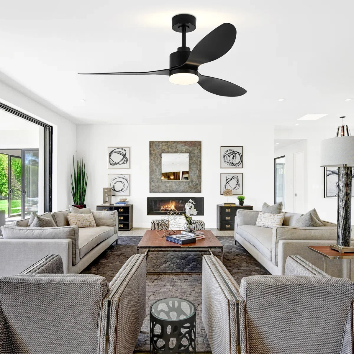 Loritta 52'' 3 - Blade Large Indooor Ceiling Fan With Light Kit and Remote, 3 LED Colors, 6 Speed Noiseless DC Motor, Timer