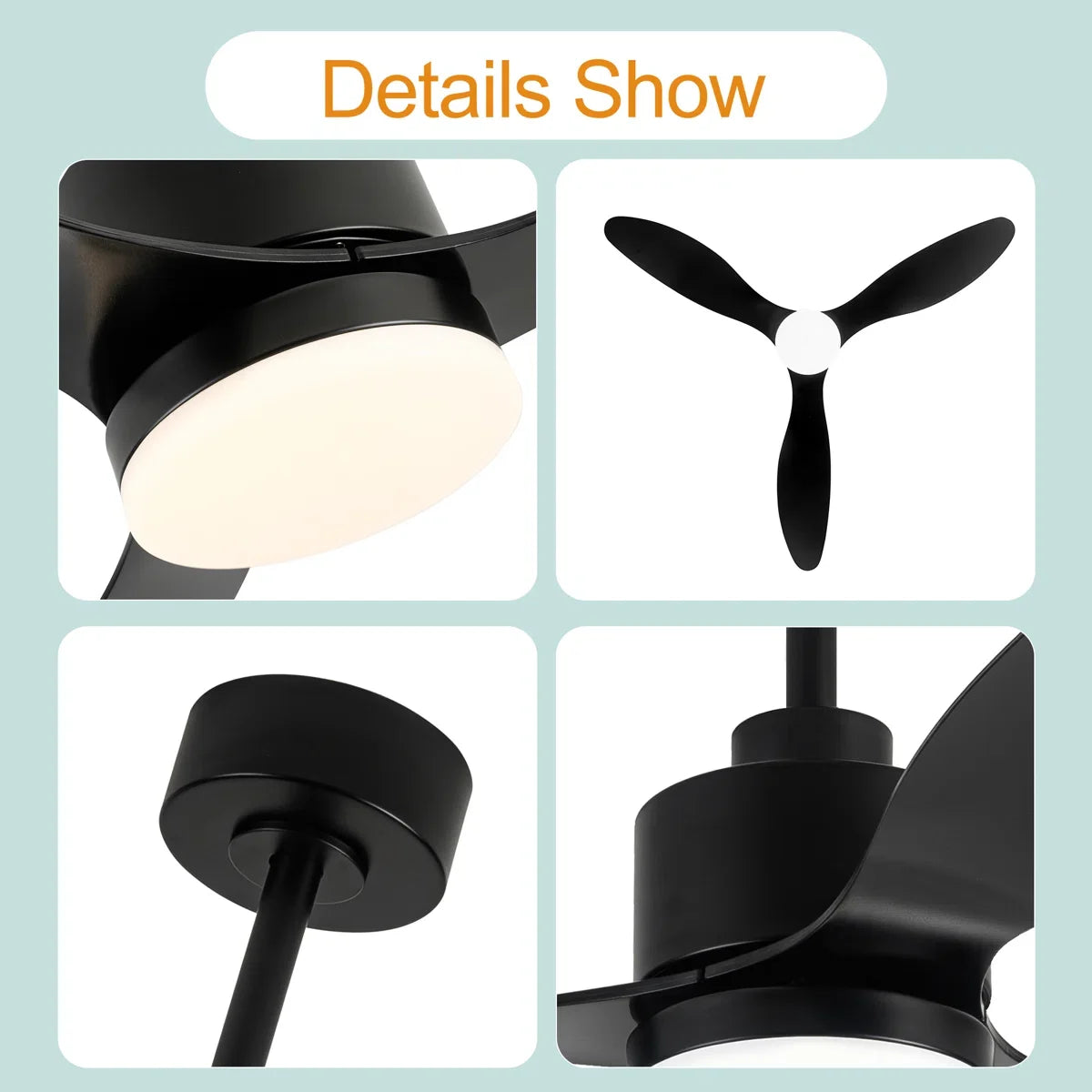 Loritta 52'' 3 - Blade Large Indooor Ceiling Fan With Light Kit and Remote, 3 LED Colors, 6 Speed Noiseless DC Motor, Timer