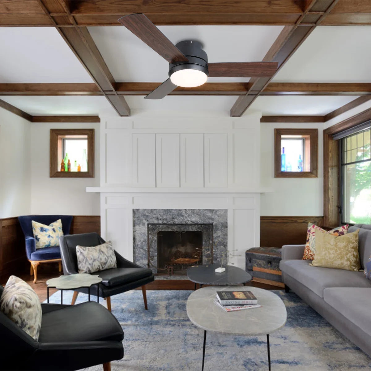 Arielmarie 42'' 3 - Blade Large Indooor Ceiling Fan With Light Kit and Remote, 3 LED Colors, 6 Speed Noiseless DC Motor, Timer