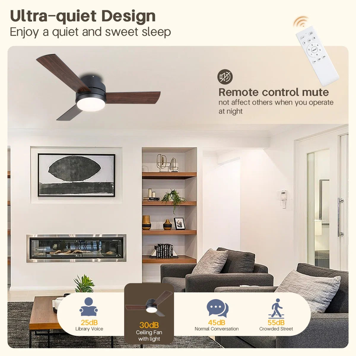 Arielmarie 42'' 3 - Blade Large Indooor Ceiling Fan With Light Kit and Remote, 3 LED Colors, 6 Speed Noiseless DC Motor, Timer